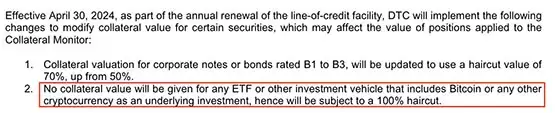美国DTCC不承认比特币有价值：任何加密货币ETF抵押品价值4/30起归零