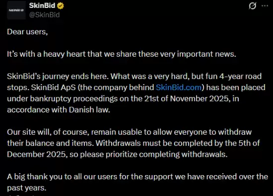 抓紧提现!《CS2》知名皮肤交易平台破产停运