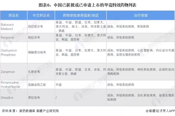 图6：中国已获批或已申请上市的甲流特效药物列表