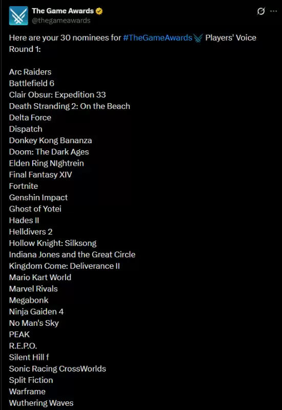 2024玩家之声投票开启：30款佳作角逐，三款国产游戏入围引关注