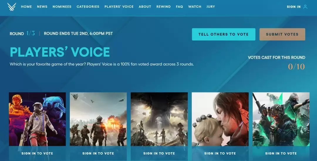 2025玩家之声奖项首轮投票开启，30款游戏角逐年度大奖