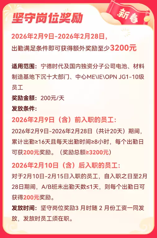 宁德时代发布最新奖励政策:春节坚守岗位可获3200元奖励