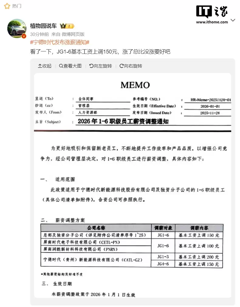 消息称“动力电池老大”宁德时代基层员工月薪上调150元
