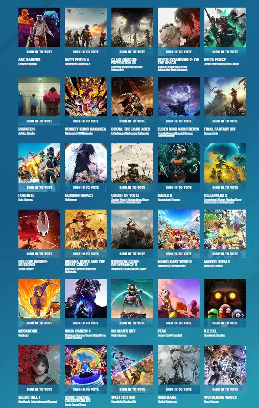 TGA 2025 玩家之声最终入围名单公布，《Arc Raiders》《原神》《双影奇境》等 30 款游戏提名