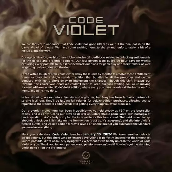 Code Violet发售延期：豪华版整合取消，全员享全内容