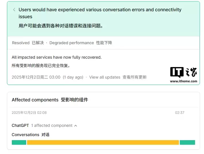 AI 聊天机器人 ChatGPT 今天突发故障，OpenAI 已紧急修复