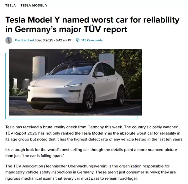 特斯拉Model Y成TÜV十年最差车型