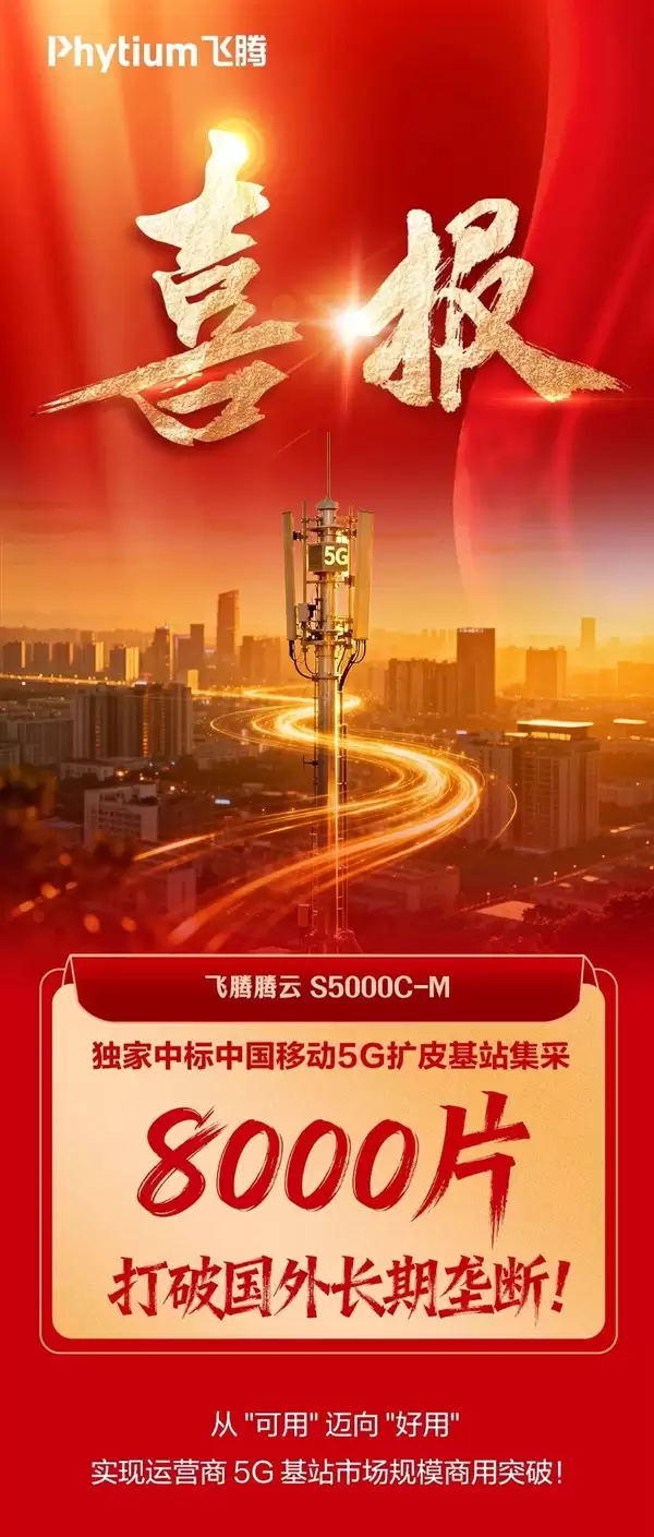 8000颗!国产飞腾CPU首次规模化用于5G皮基站:曾规划80核心