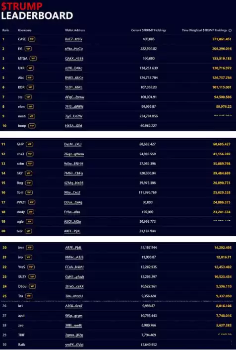 TRUMP代币前30名持有者持仓情况一览