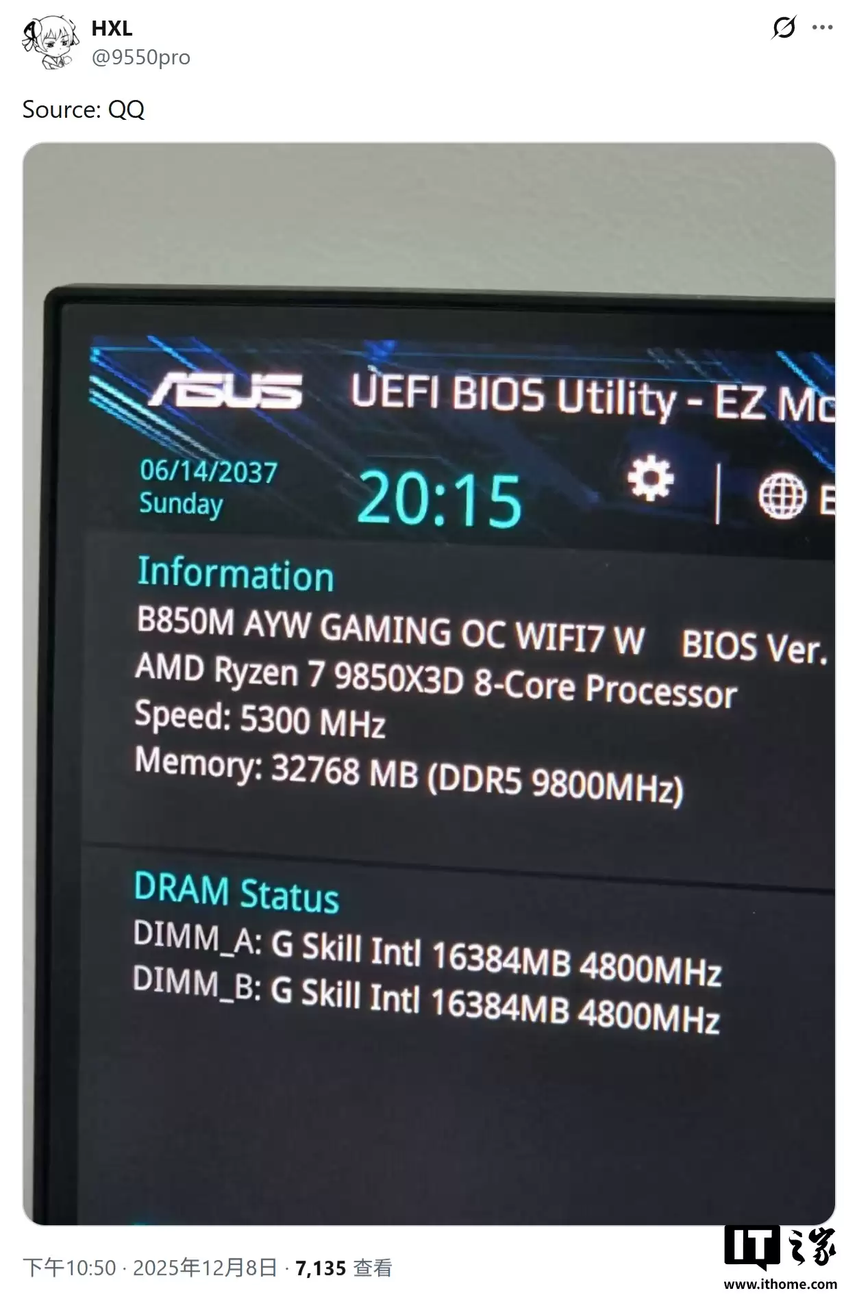 AMD 最强 8 核游戏 CPU 现身:R7 9850X3D 运行图曝光,性能比 7800X3D 预估高 20%