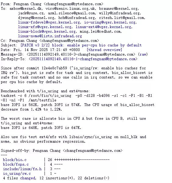 Linux 6.19 默认启用 Per-CPU BIO 缓存：文件系统性能提升 2%，字节跳动工程师主导