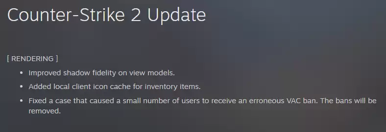 CS更新1209：解除部分误封玩家VAC