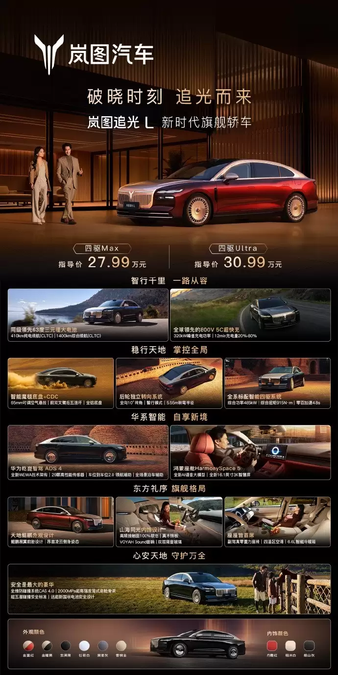 岚图追光L豪华轿车上市：全系标配华为乾崑智驾ADS 4，27.99万起