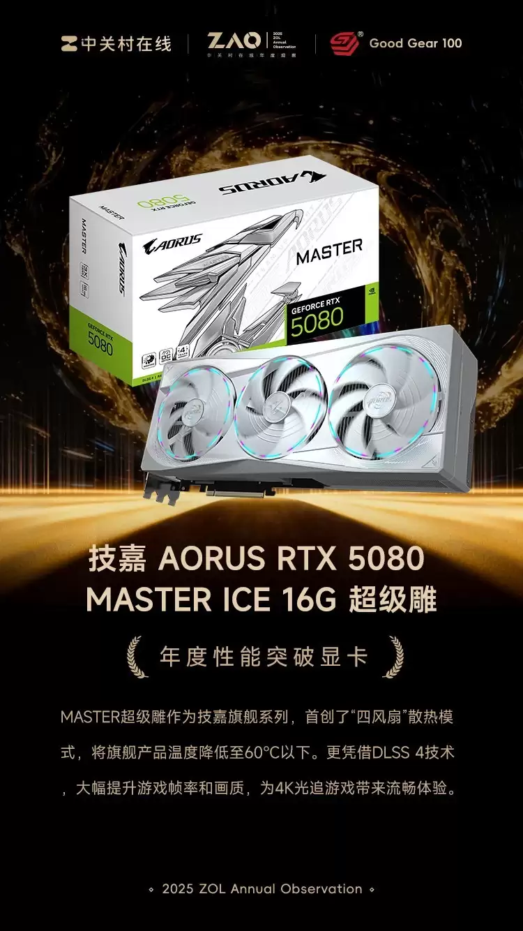GG100 2025年度性能突破显卡：技嘉 AORUS RTX 5080 MASTER ICE 16G 超级雕