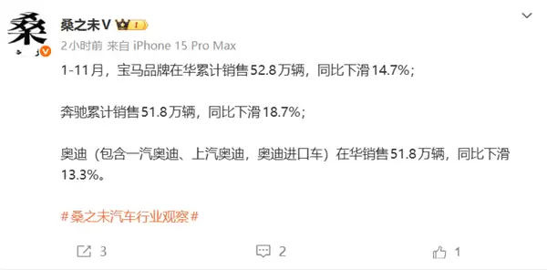 国人买豪车不再钟爱BBA！奔驰、宝马、奥迪在华销量齐跌