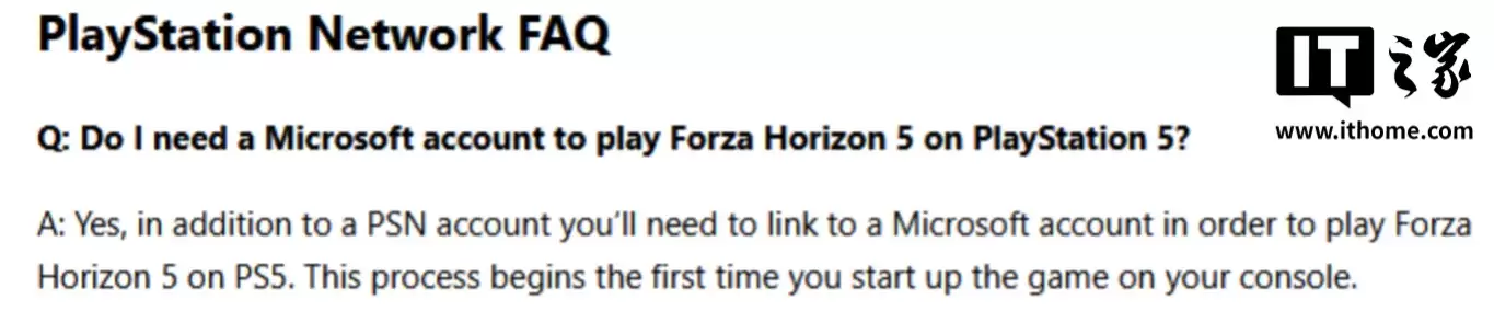 开发商确认索尼 PS5 版《极限竞速:地平线 5》游戏需登陆微软账号才能游玩