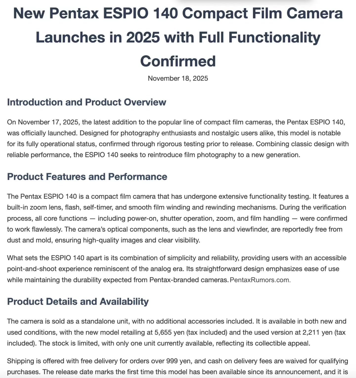 “胶片复兴”计划第二块拼图？消息称宾得即将推出复刻版 ESPIO 140 傻瓜相机