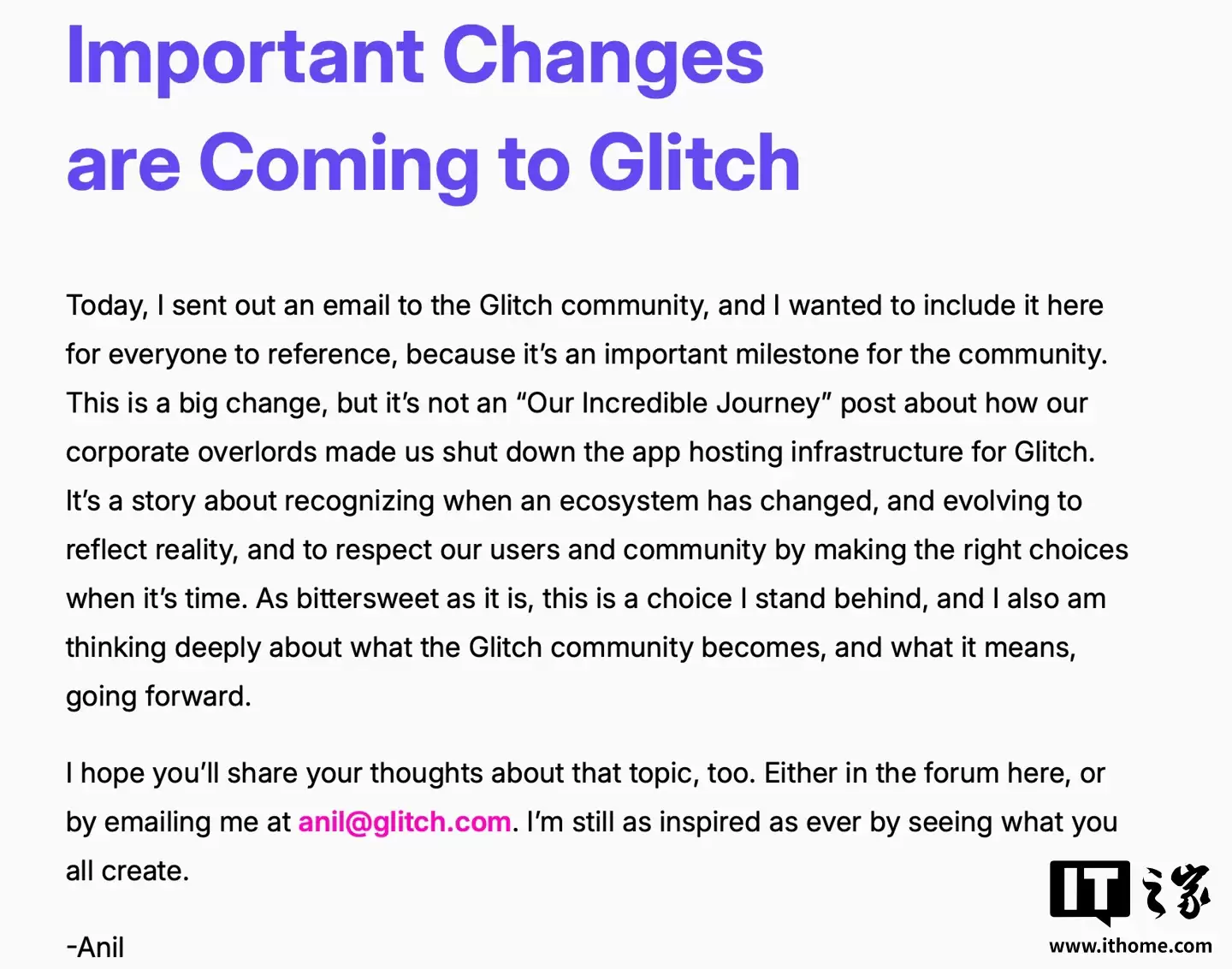 Glitch 平台将于 7 月 8 日起停止应用托管服务，将为 Pro 订阅用户退款