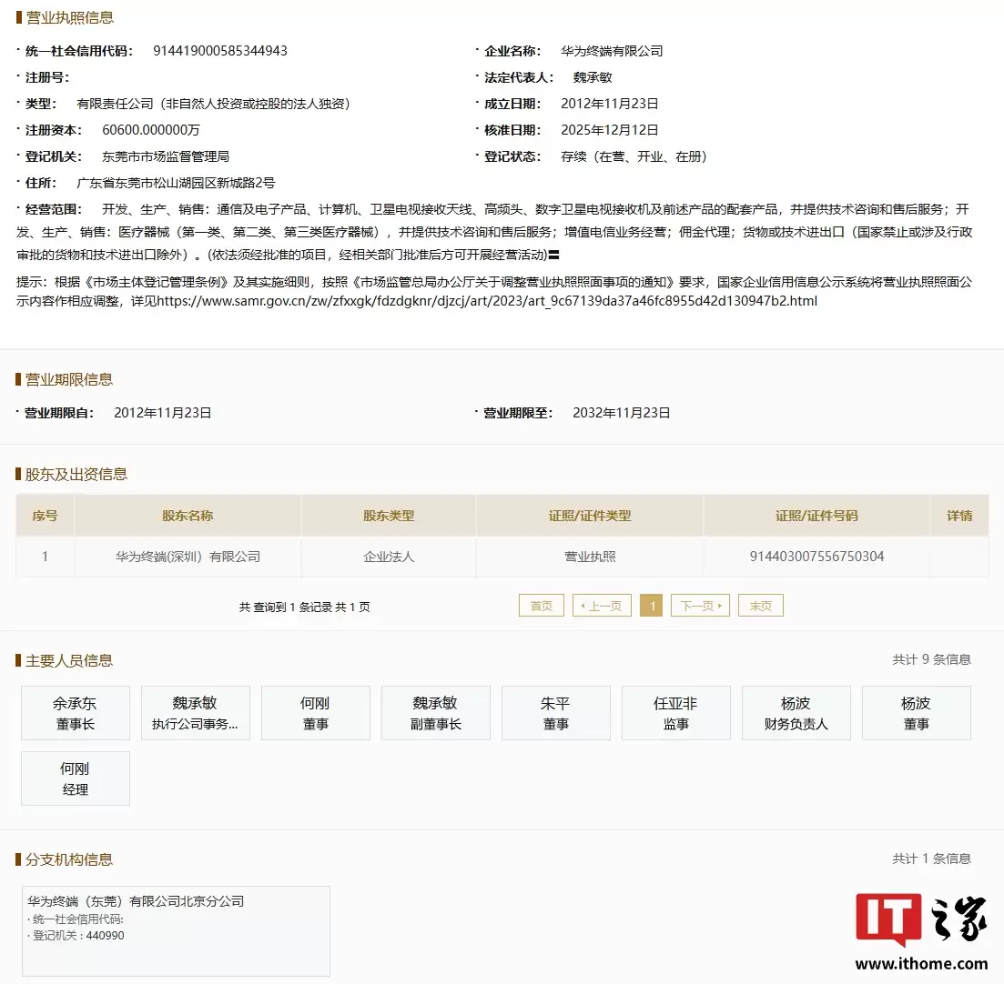 余承东接任华为终端有限公司董事长，孟晚舟、徐直军等卸任董事