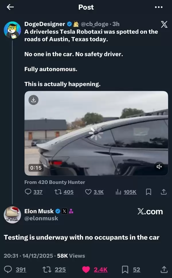 真无人驾驶来了！马斯克：特斯拉启动无安全员Robotaxi路测