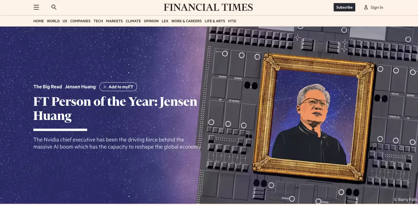 英国《金融时报》2025 年度人物揭晓：英伟达 CEO 黄仁勋