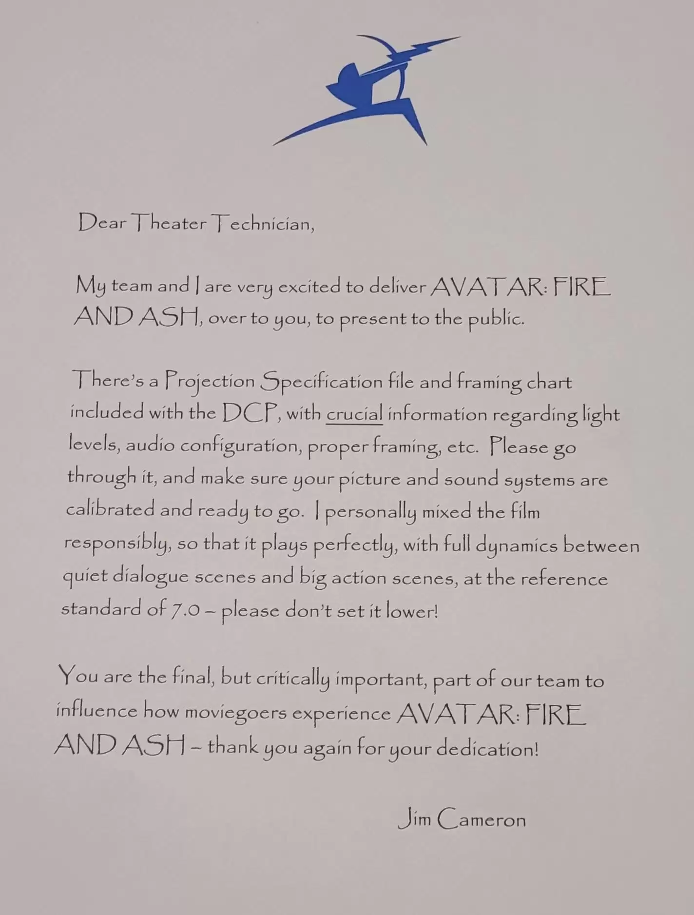 卡梅隆亲自致信影院,指导技术人员如何以最佳效果放映《阿凡达:火与烬》
