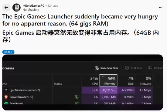 64GB内存竟被Epic客户端占用96%?用户热议内存泄漏与系统兼容问题