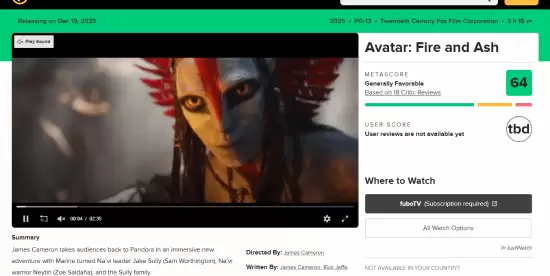 《阿凡达3》媒体口碑解禁!M站64分 降低期待