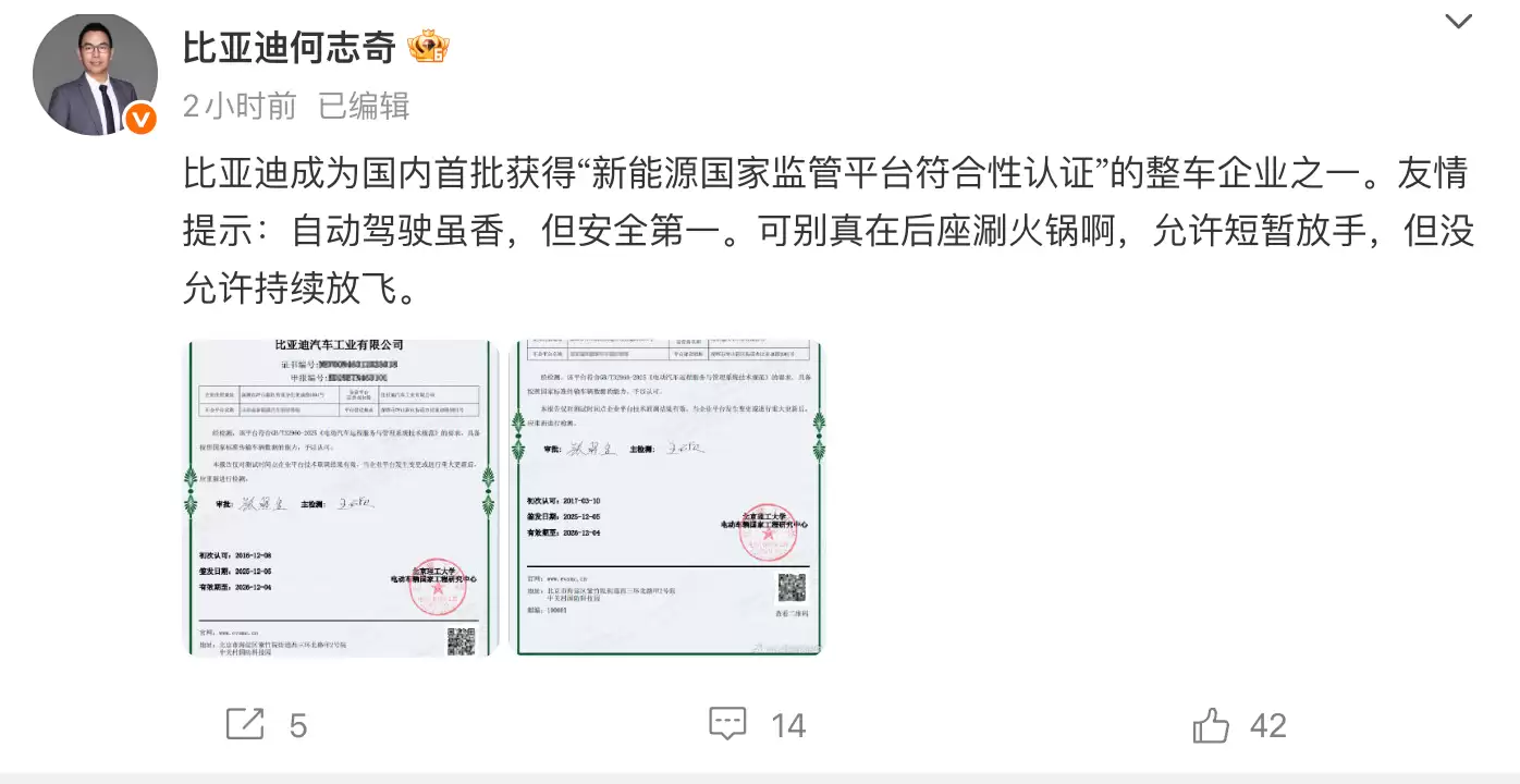 比亚何志奇谈自动驾驶:安全第一,允许短暂放手但没允许持续放飞