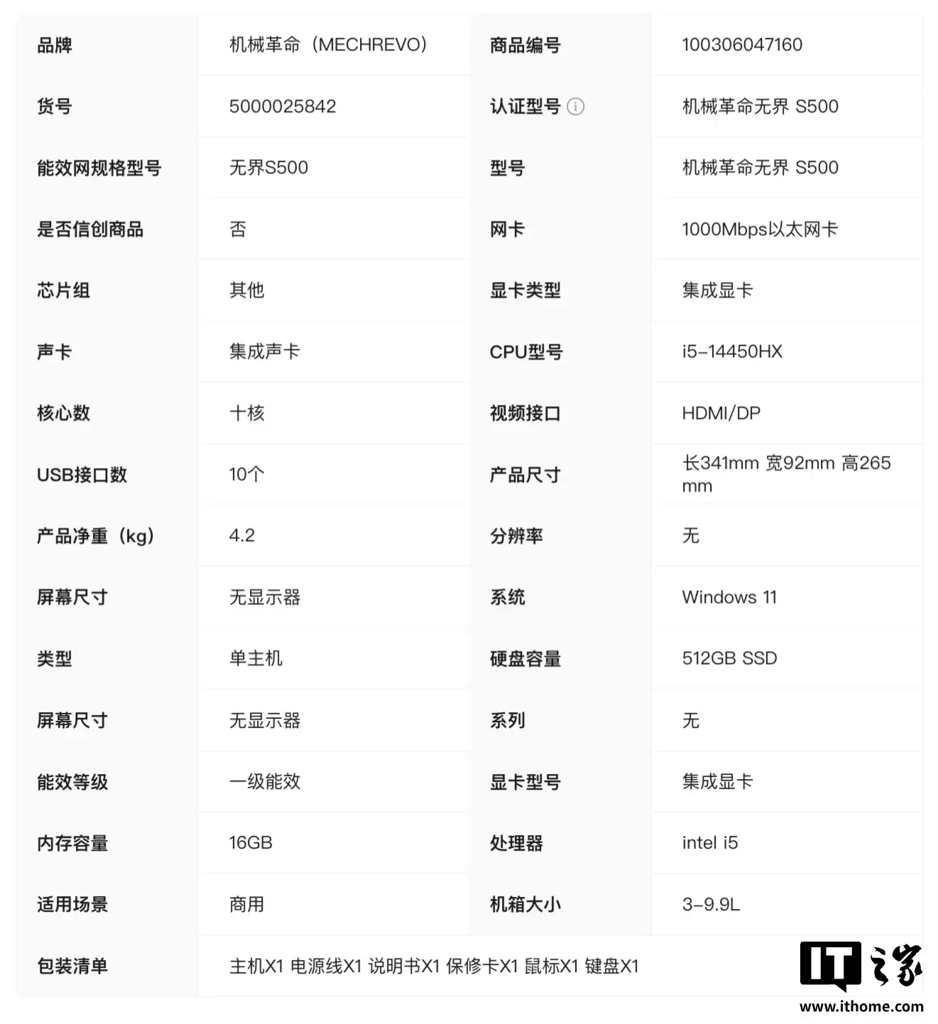 机械革命无界 S500 台式主机首销,i5-14450HX + 16G + 512G 售 2499 元