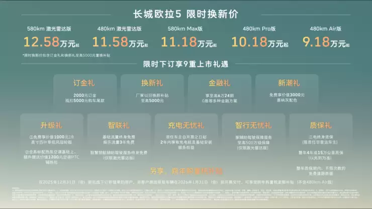 长城欧拉5正式上市：9.18万元起售，激光雷达城市NOA下探至A级SUV