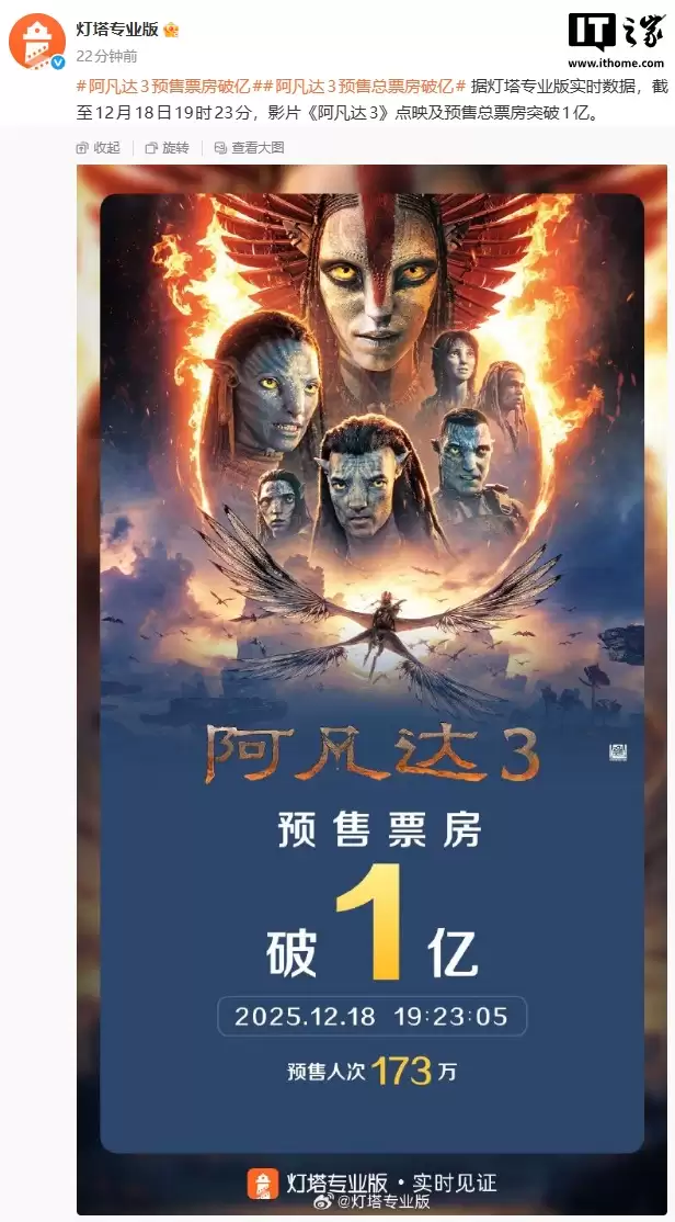 科幻电影《阿凡达 3》点映及预售总票房破亿，明日全国上映