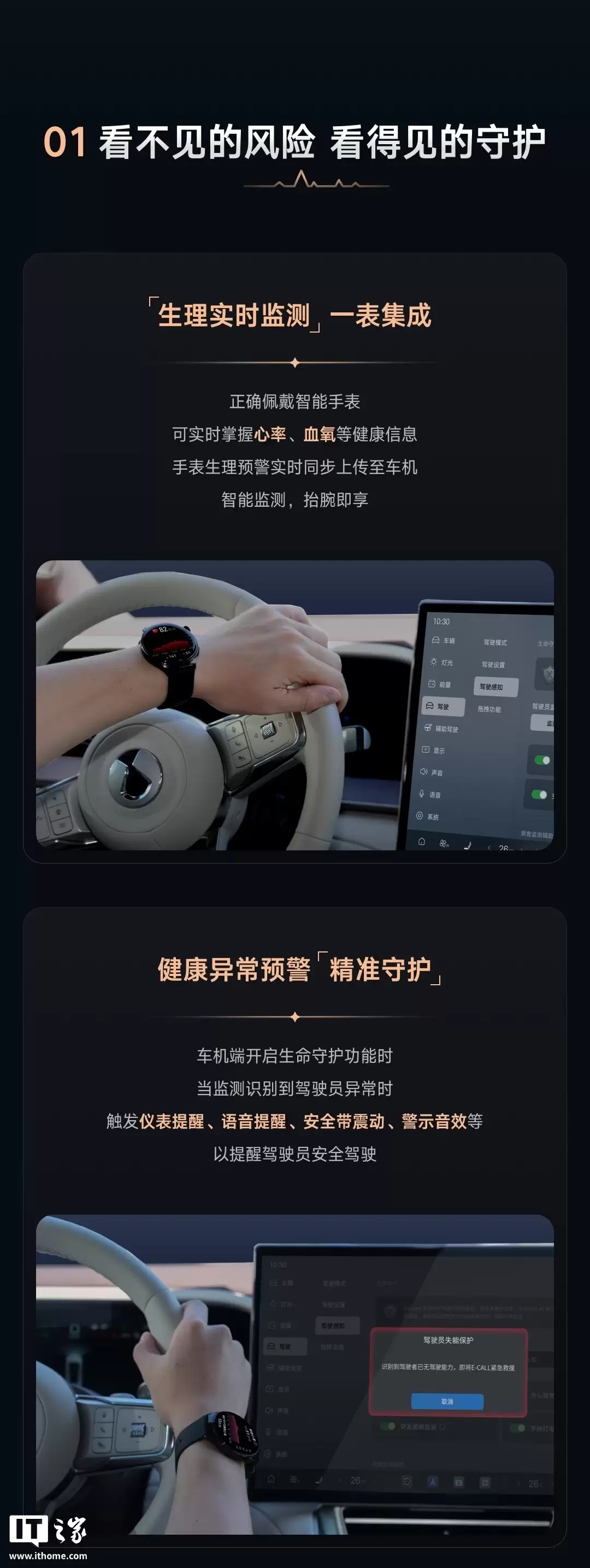 比亚迪腾势汽车搭载 DiGuard 生命守护系统，可联动华为穿戴设备实时监测生理指标