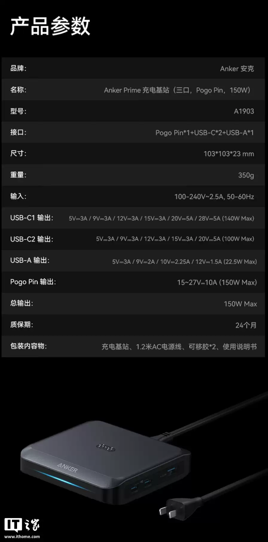 安克 ANKER Prime 150W 充电底座开售:2C + 1A,可为自家移动电源磁吸充电,449 元