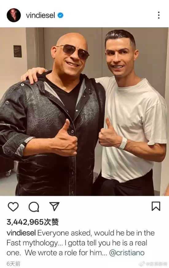 范·迪塞尔晒与C罗合照,官宣其加盟速度与激情11引爆热议
