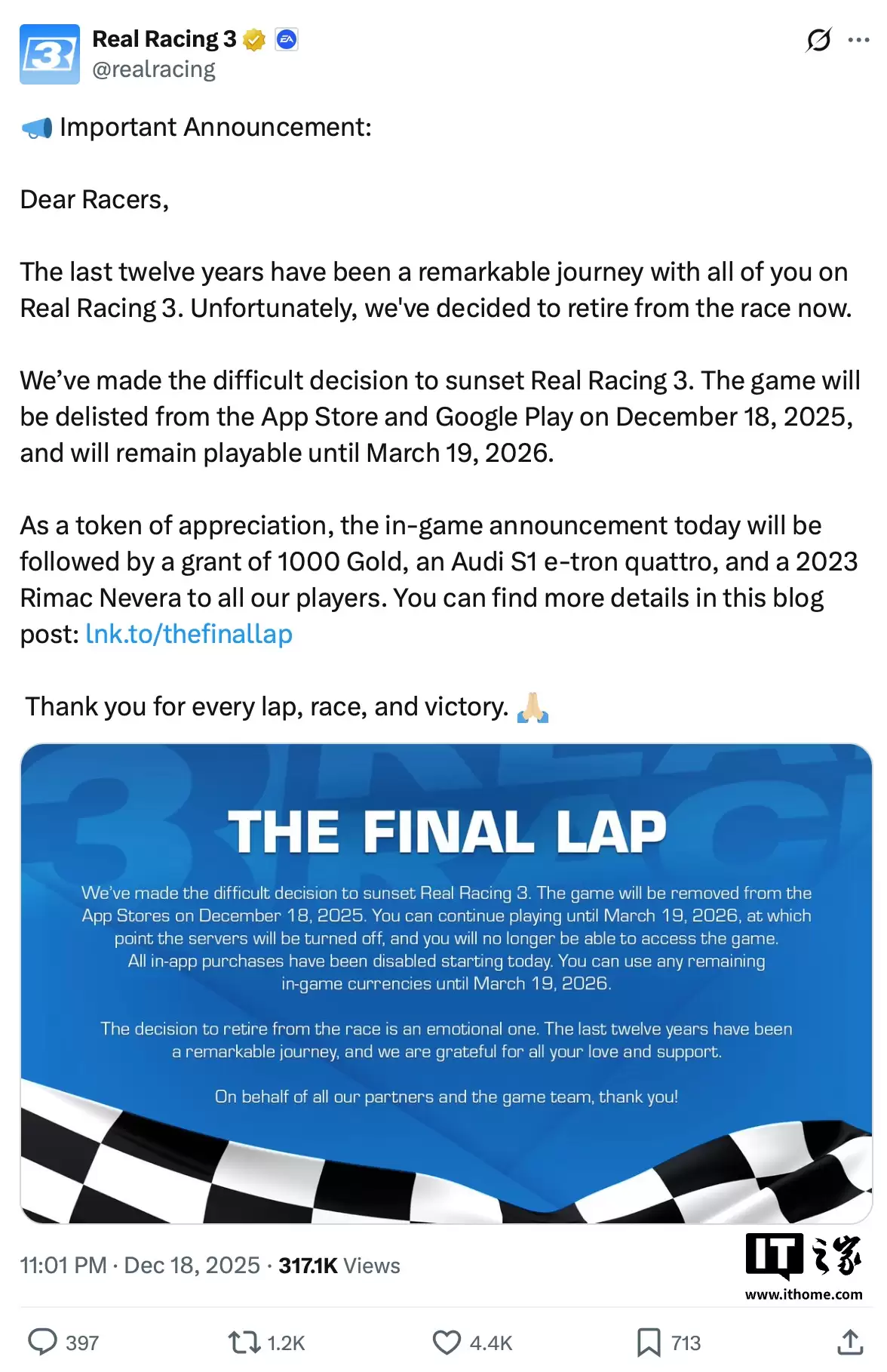 运营 12 年终落幕：EA 手游《真实赛车 3》明年 3 月 19 日关服