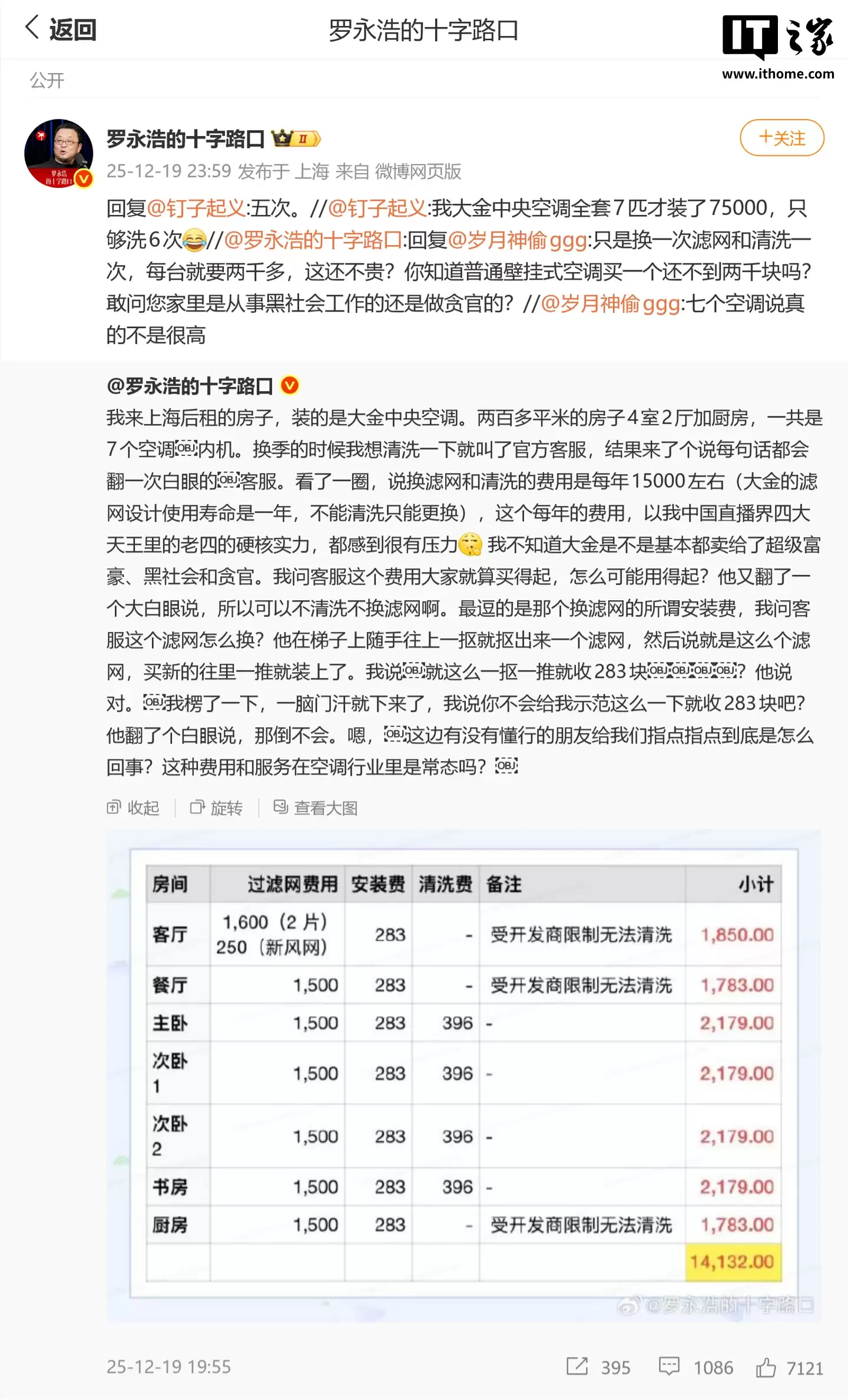 罗永浩质疑大金中央空调售后：7台内机每年维护成本约1.5万元