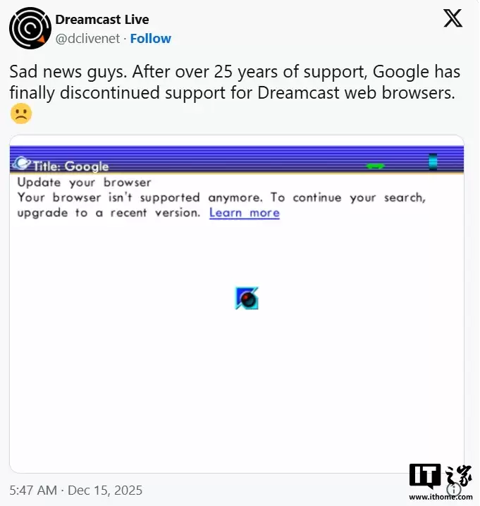 世嘉 Dreamcast 内置浏览器被谷歌“封杀”,已有 25 年历史