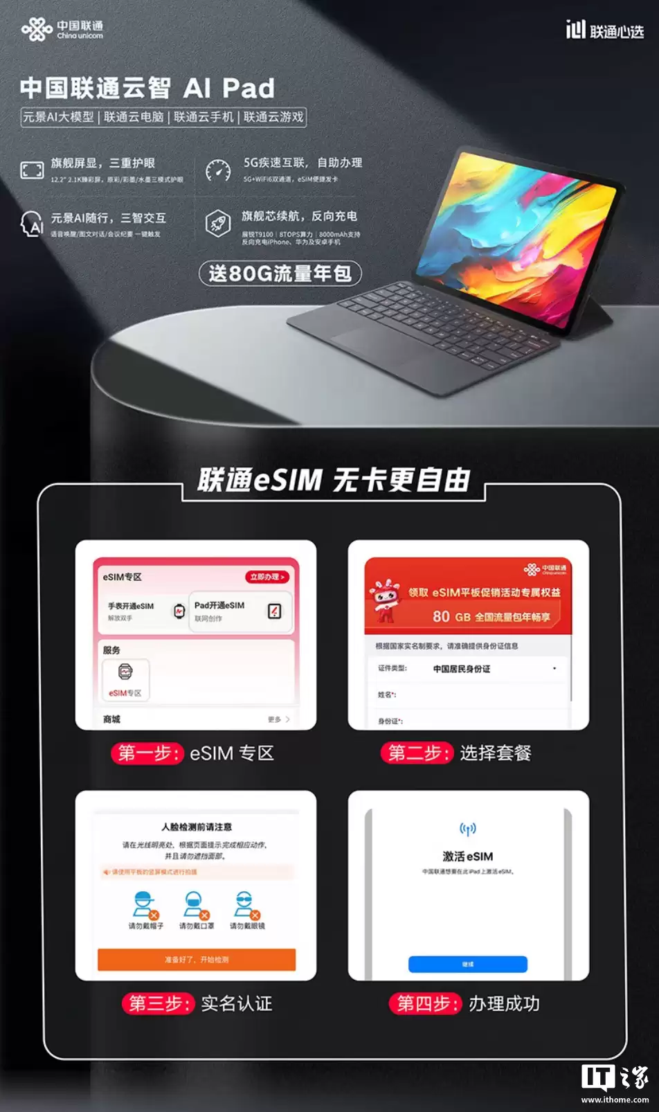 中国联通推出云智 AI Pad：5G eSIM、展锐 T9100 + 6G + 128G 售 1799 元