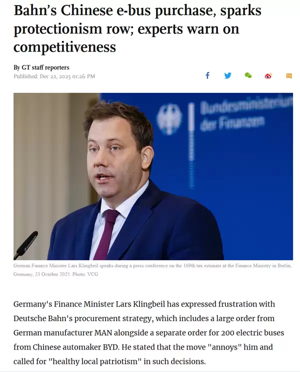 德国公司订购中国200辆电动公交车 德财长恼火：我们奔驰也有电动巴士