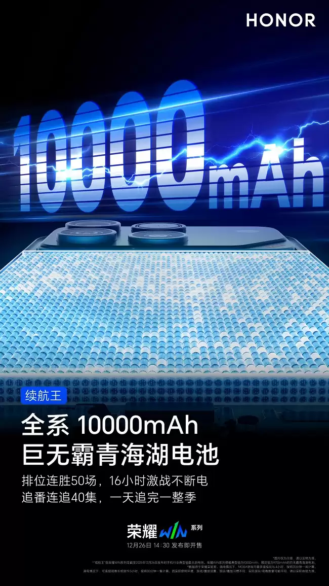 续航格局一夜颠覆!荣耀 WIN 携 10000mAh 大电池刷新行业体验