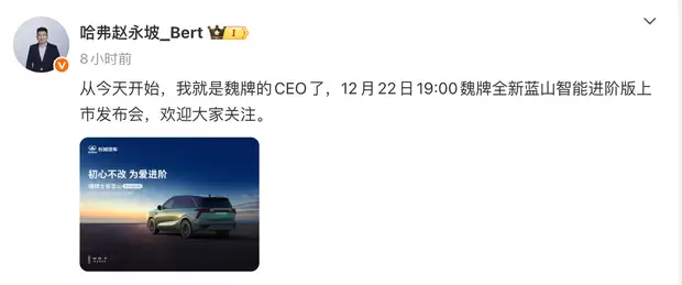 魏牌CEO再换将：赵永坡接棒冯复之