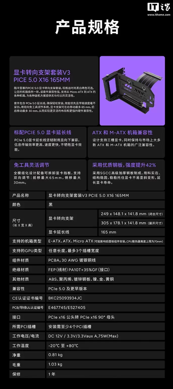 酷冷至尊推出显卡转向支架套装 V3：兼容 PCIe 5.0、免工具安装设计，499 元