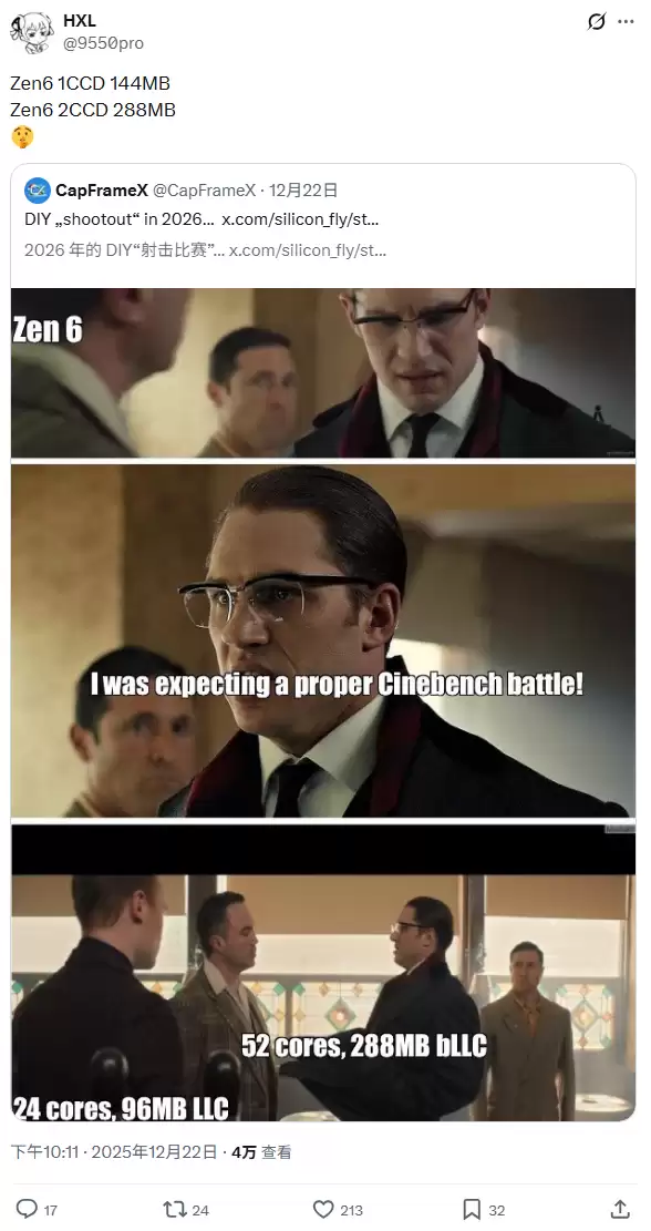直面英特尔 Nova Lake，AMD Zen 6 处理器被曝同样采用 144/288MB 末级缓存方案