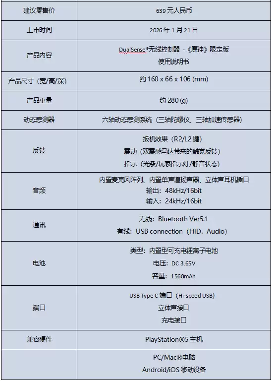 索尼 PS5《原神》限定版 DualSense 无线控制器国行预售,639 元