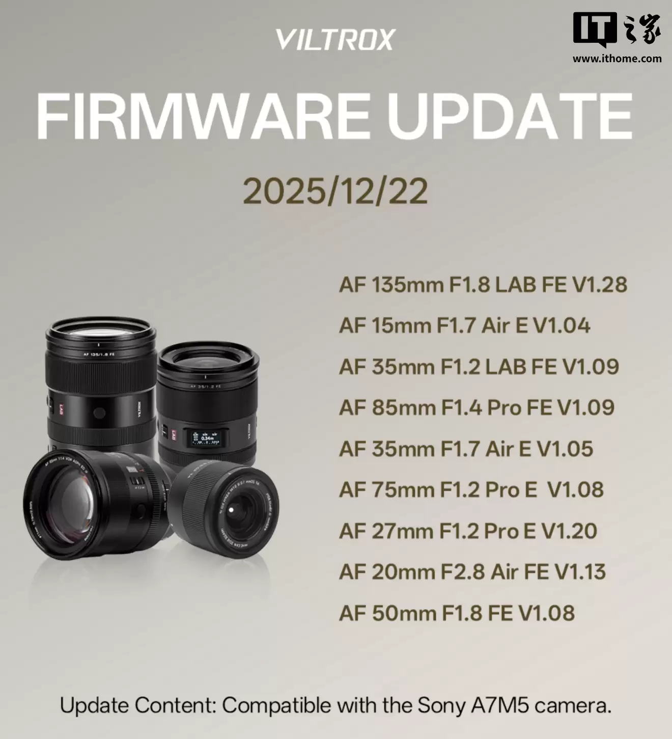 唯卓仕为AF 24mm f/1.8、35mm f/1.2 LAB等索尼E/FE卡口镜头更新固件，改进Alpha 7 V相机兼容性
