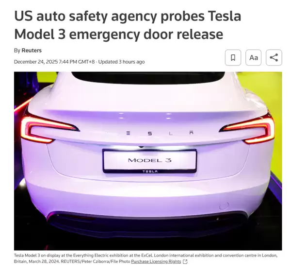 美国对近18万辆特斯拉Model 3开启调查：应急机械门把手不显眼