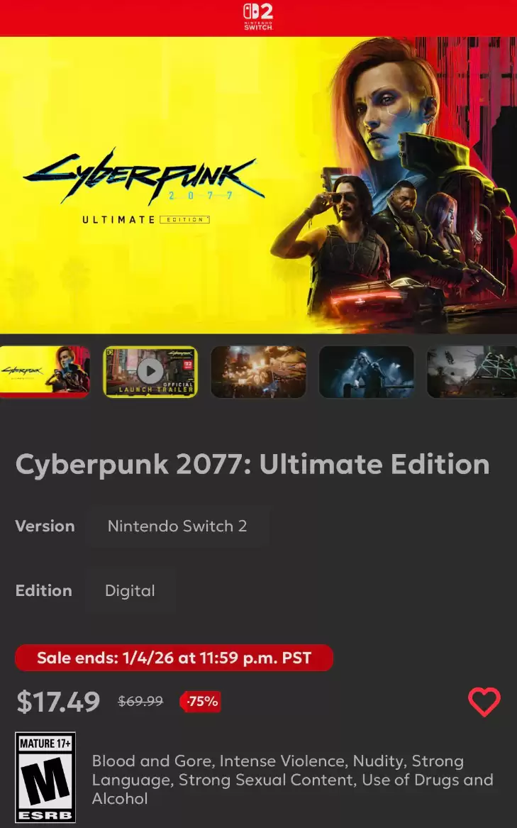 CDPR 手滑打错价:《赛博朋克2077》Switch 2 版惊现“-75%”超大折扣,已购用户不用补钱