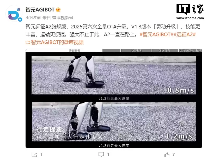 智元远征 A2 旗舰版人形机器人迎来 V1.3 更新，行走速度提升至 1.2m/s