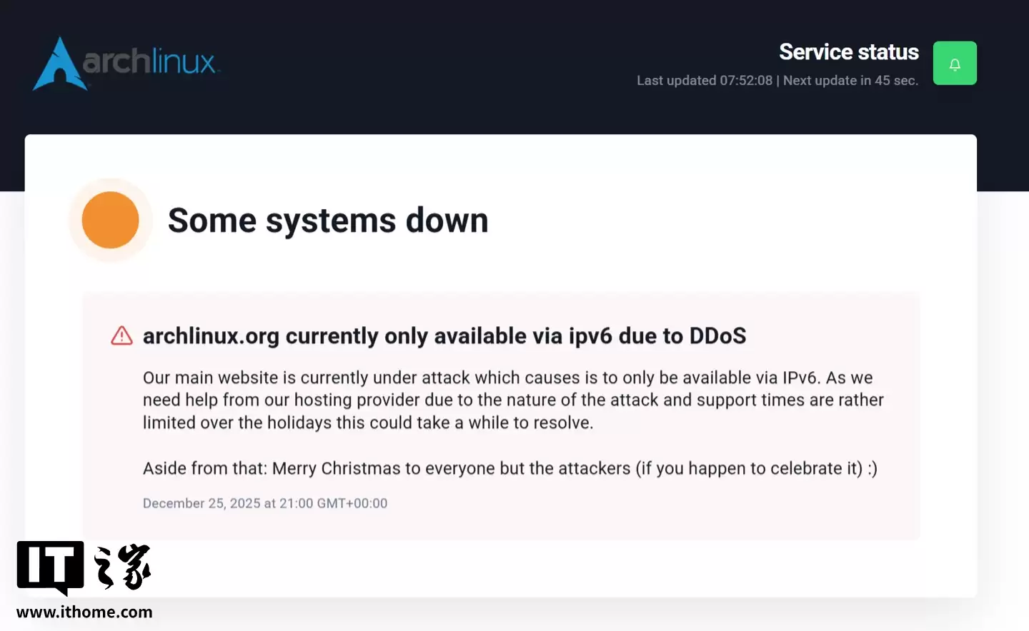 Arch Linux 官网遭受 DDoS 攻击，暂时只支持 IPv6 访问